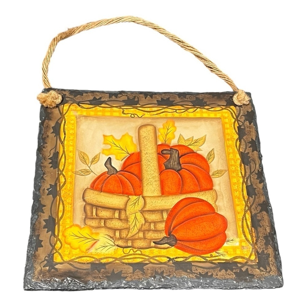 Fall decorative slate tile rope hanger pumpkins in basket leaves ivy border 8”sq